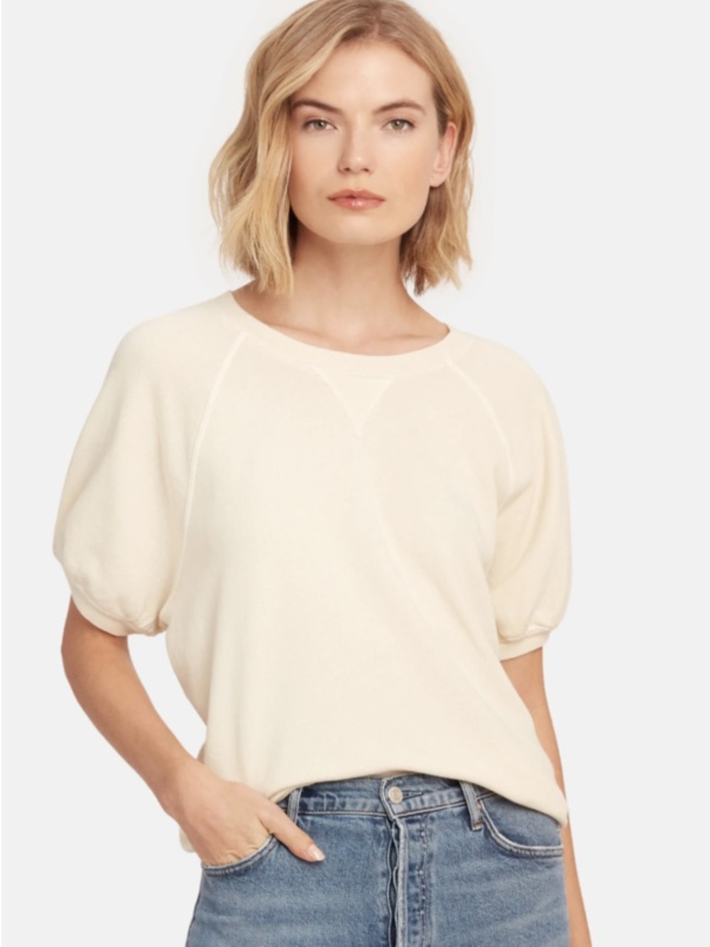 THE GREAT. Short Puff Sleeve Sweatshirt Washed White Ivory Cream Size 1 Small